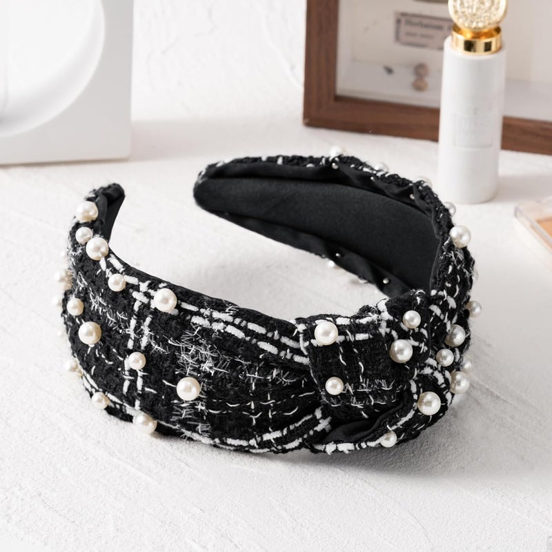 PANTIDE Pearl Jeweled Knotted Headband - Classics Black White Buffalo Lattice Cropped Tweed Pearl Embellished Headband Wide Top Knot Hairband Accessories Birthday Gift for Women Girl (Black Plaid) - Image 4